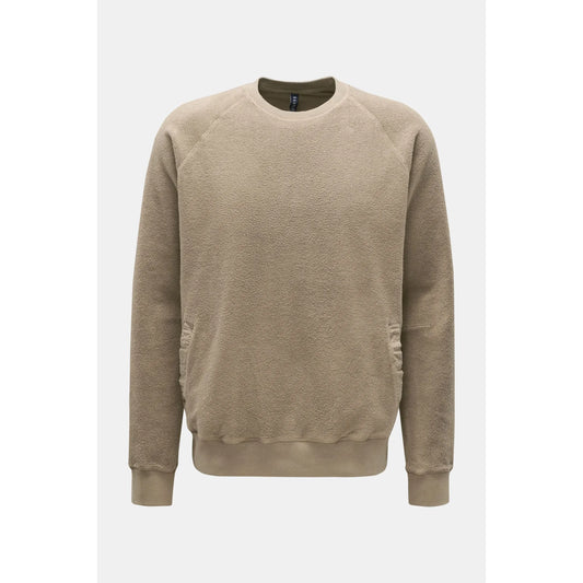Men's taupe PF crewneck sweatshirt in soft fabric, featuring a classic fit and subtle branding, shown on a hanger.