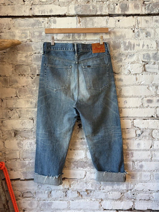 Women's 12oz selvedge denim wide tapered jeans by Chimala in medium vintage wash, featuring classic denim details and fit.