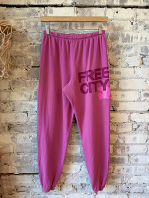 Freecity women's large pink sweatpants with pinkshroom pattern, relaxed fit and cozy fabric, displayed on a neutral background.