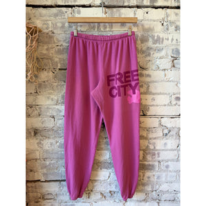 Freecity women's large pink sweatpants with pinkshroom pattern, relaxed fit and cozy fabric, displayed on a neutral background.