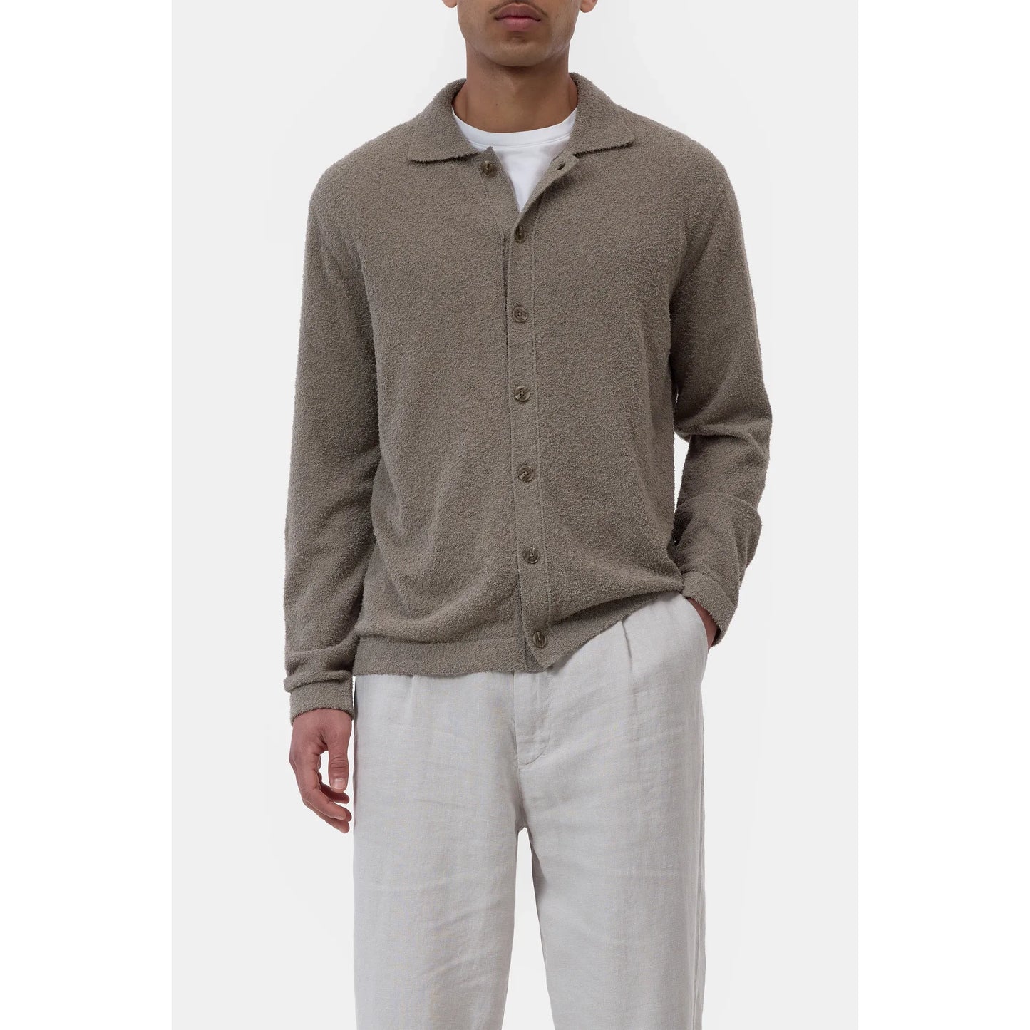 Men's organic cotton cardigan in pebble green by Closed Men's, showing front view with button details and soft knit texture.