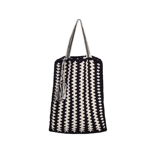 Eleven Six Vera crochet tote bag in ivory and black, women's accessory with a woven texture and stylish design.