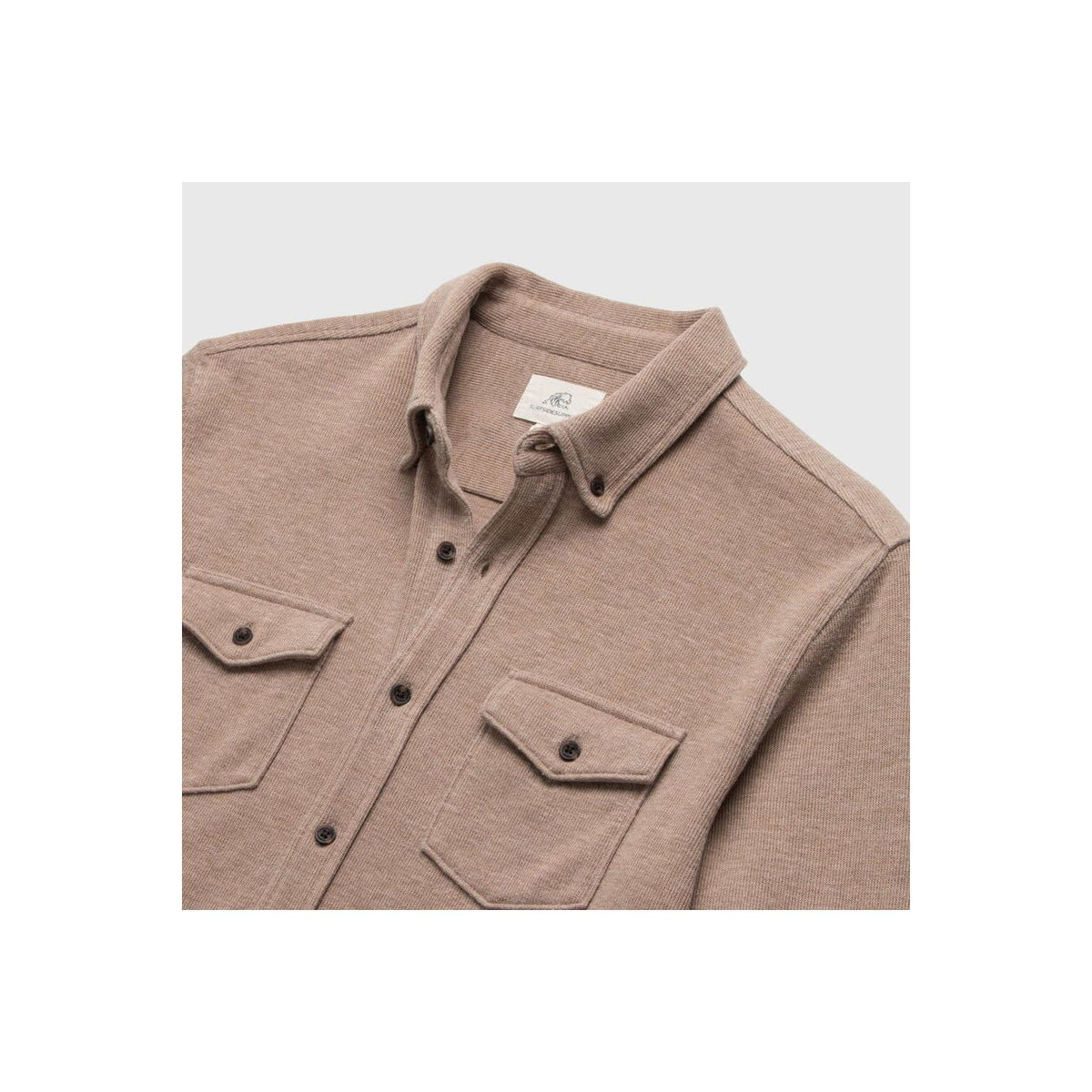 Men's Rex Soft Knit Shirt in Camel Heather by Surfside Supply, shown in a cozy, textured fabric with a relaxed fit.