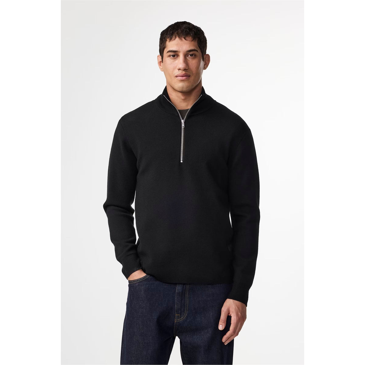 Men's Harald Wool Blend Sweater by NN07 in black, showing a close-up of the black wool knit fabric and ribbed collar detail.