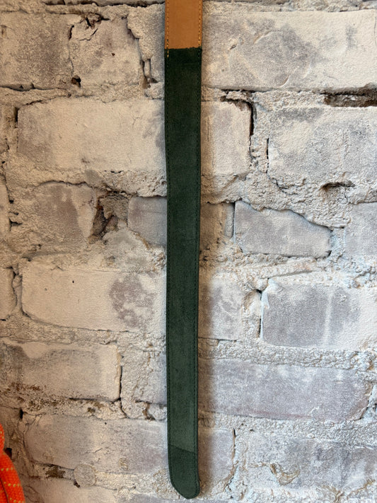Men's 1-1/8 inch suede calf O-ring belt in grass green by W. Kleinberg, featuring a stylish O-ring buckle.