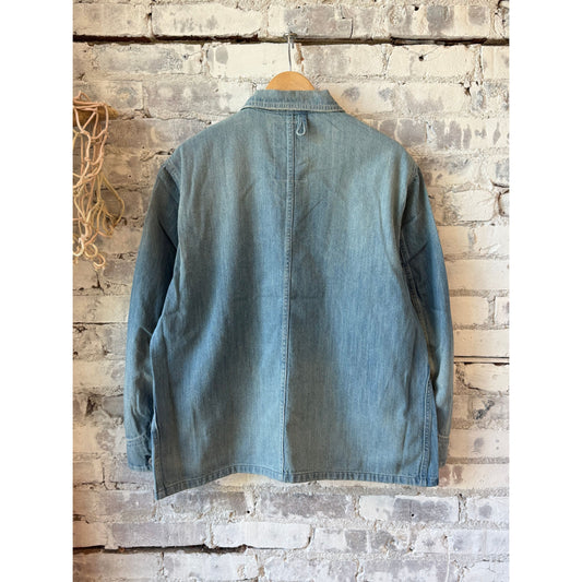 Men's 9oz denim coveralls by H-Unit in light indigo wash, featuring front pockets and adjustable straps.