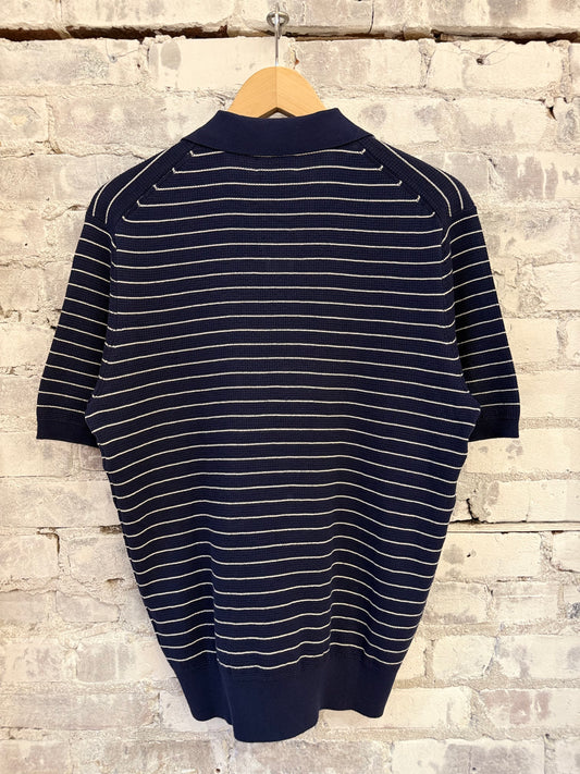 Waffle Stripe Polo Knitted Pullover - Indigo