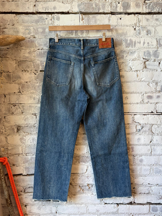 Men's Chimala unisex 13.5oz selvedge denim straight cut jeans in smoky medium, shorter length, showcasing front view and denim texture.