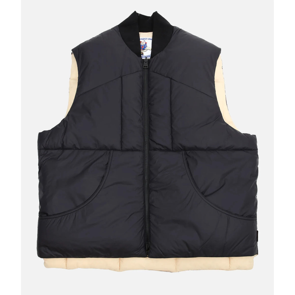 Men's black licorice Minarets vest by Big Rock Candy Mountaineering, shown in a close-up image highlighting the fabric and design details.