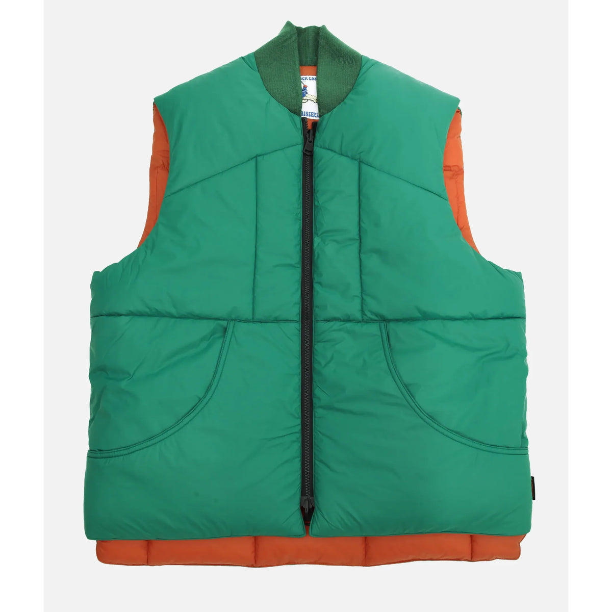 Men's Minarets Vest by Big Rock Candy Mountaineering in Pickle color, showing the insulated outdoor vest with front zipper and side pockets.