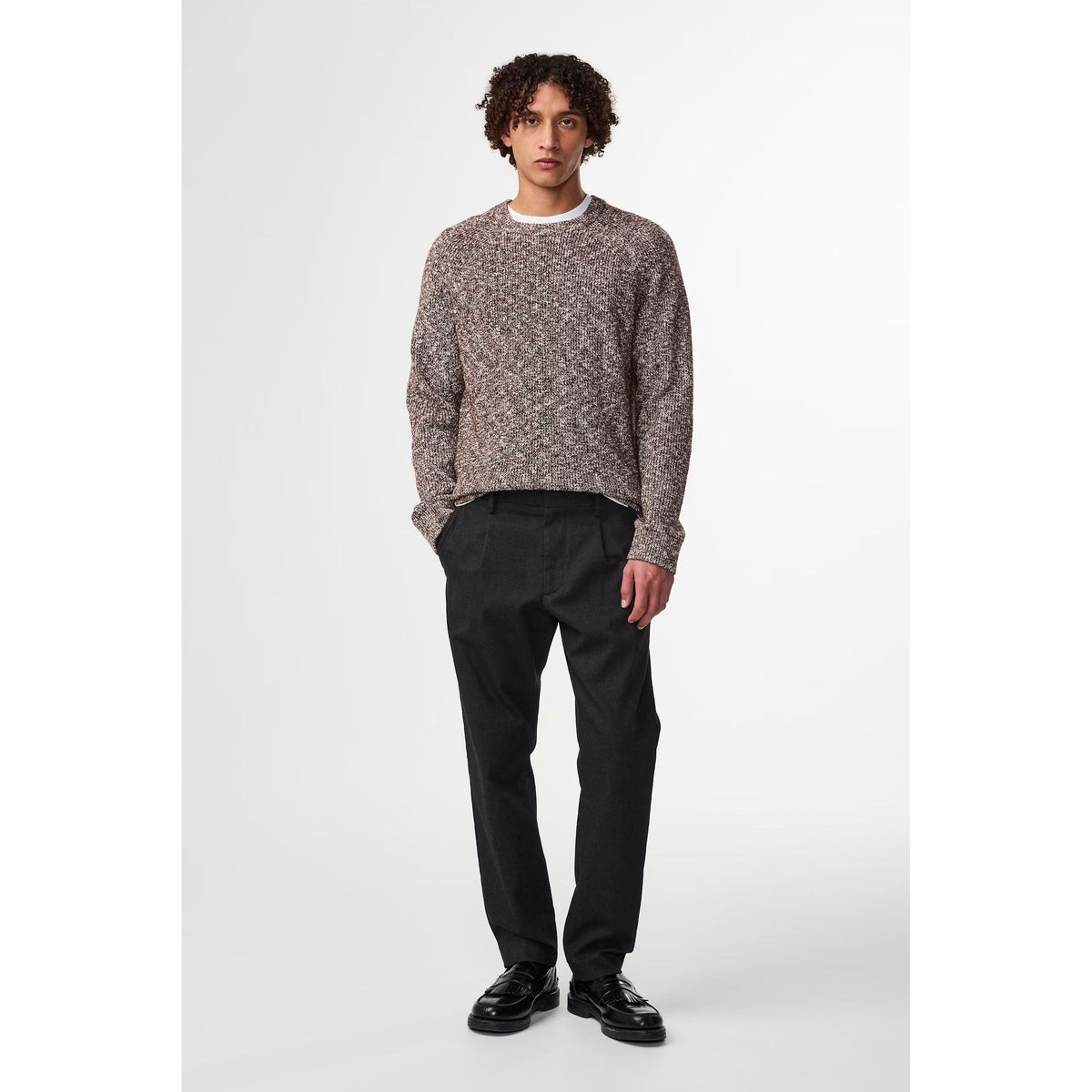 Men's NN07 Jacobo boucle yarn sweater in demitasse color, featuring a textured knit and classic crew neckline.