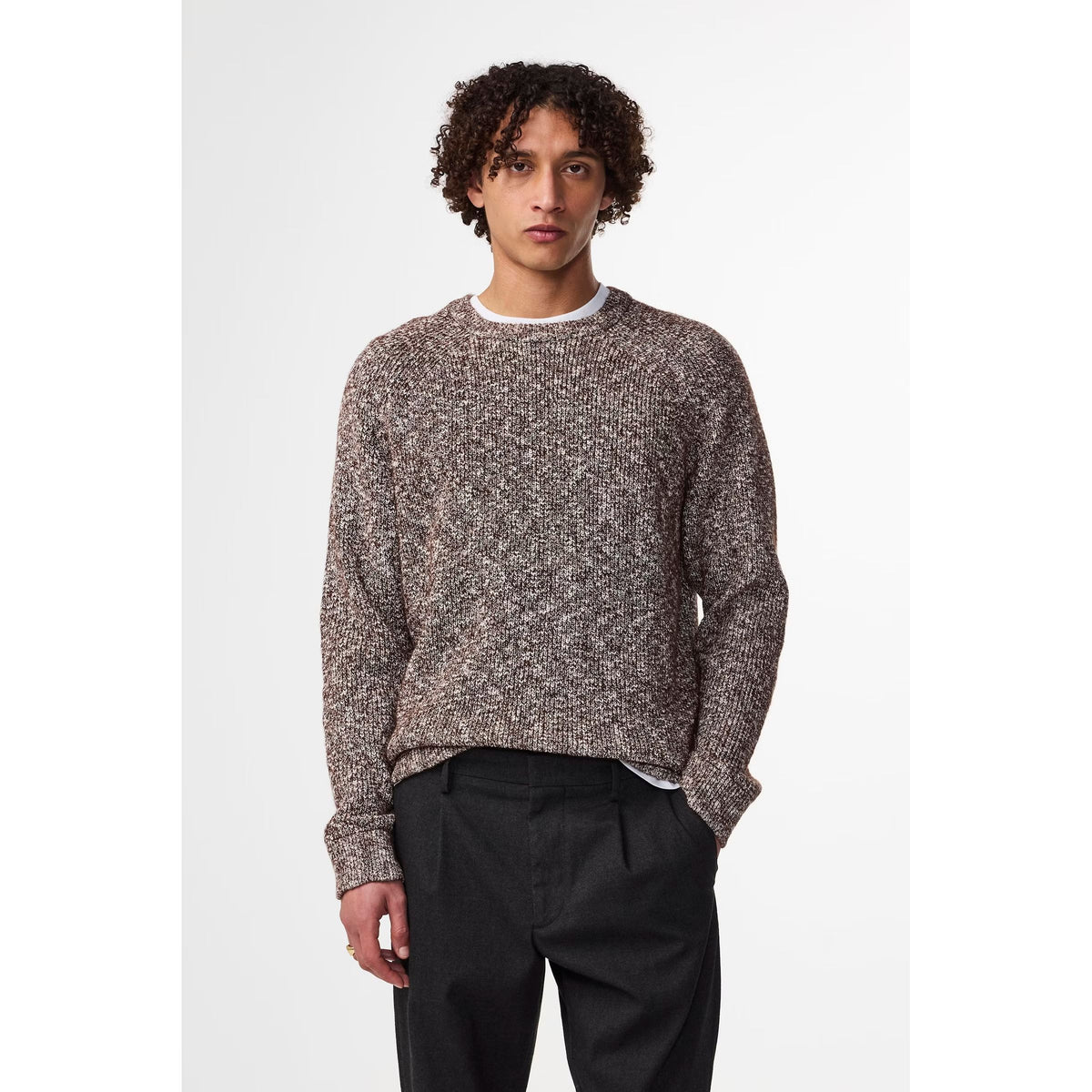 Men's NN07 Jacobo boucle yarn sweater in demitasse color, featuring textured knit fabric and classic fit.