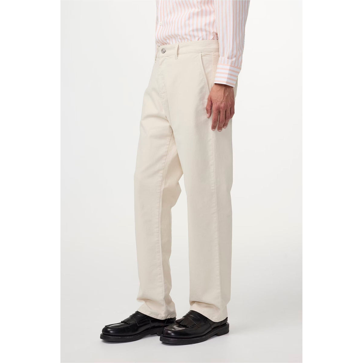 Men's NN07 Aden Regular Fit Ivory Chino pants displayed on a hanger with a plain background.