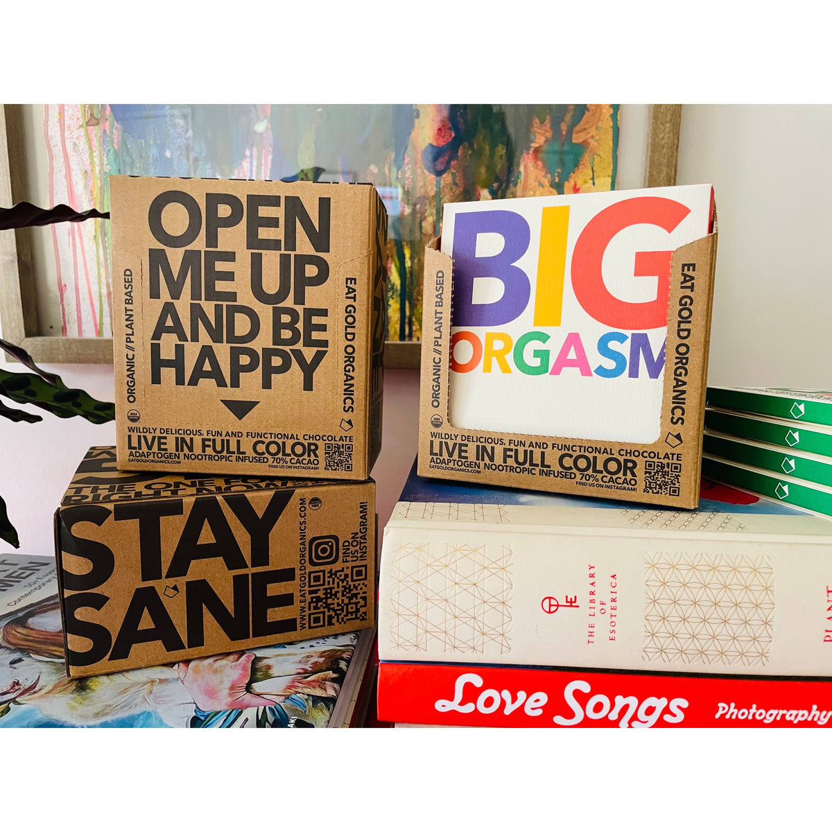 Eat Gold Organics BIG ORGASM chocolate bar, a potent functional accessory with rich, delicious chocolate visible in the image.