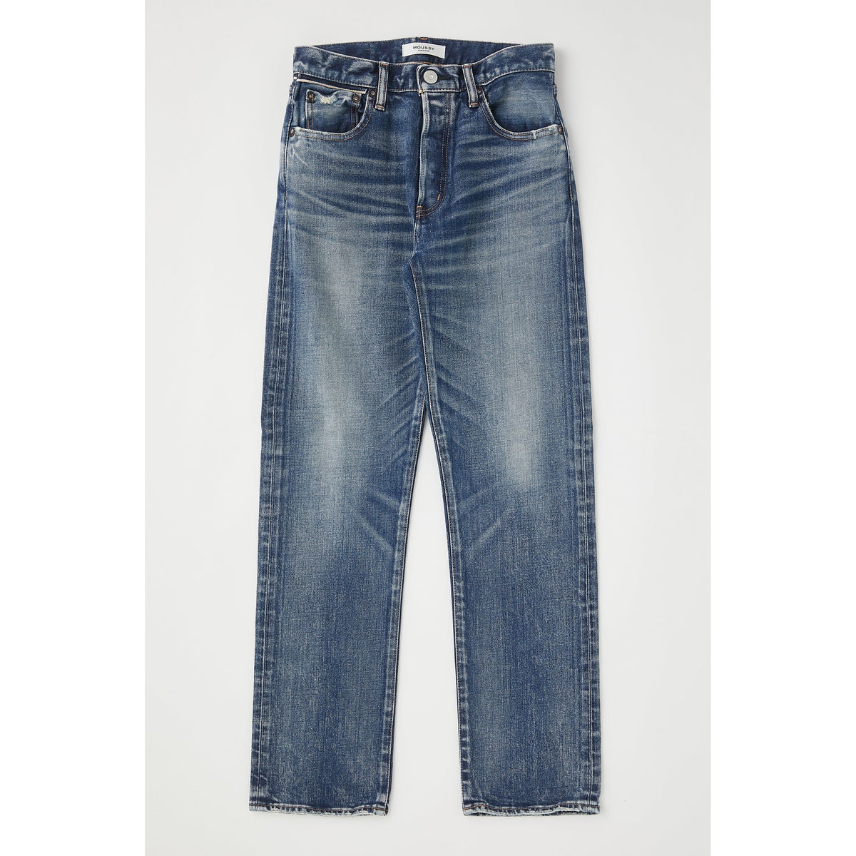 Women's Moussy Farwell Straight Jean in dark blue denim, showing the fit and classic style on the model.