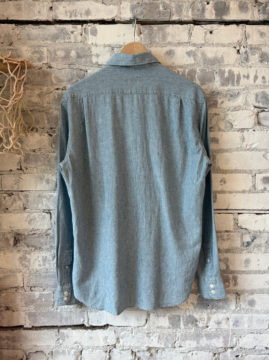 Hartford Men's Paul Woven Yarn Dyed Shirt - Light Hairline Indigo Stripe Dim Gray