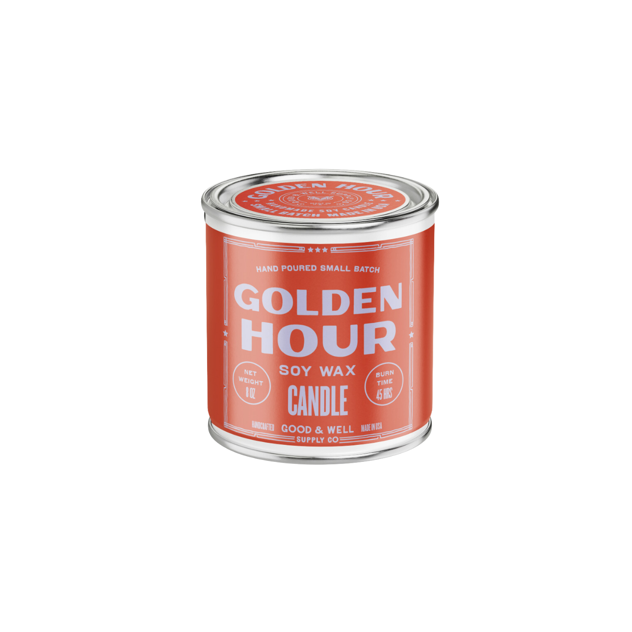 Golden Hour soy candle in a clear glass jar from Good & Well Supply Co., with a warm, golden wax and minimalist label.