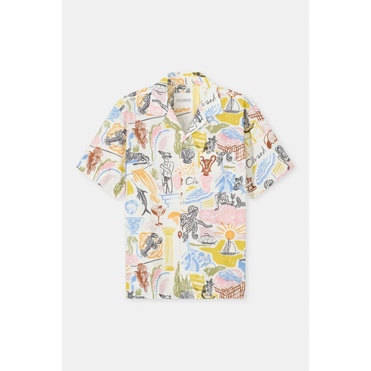Men's resort shirt with colorful graphic print by Closed Men's, featuring vibrant multi-color design and relaxed fit.