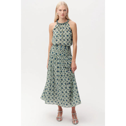 Exquise women's Eldon smocked waist zippered midi skirt in multi-colored fabric, featuring a fitted waist and flowing length.