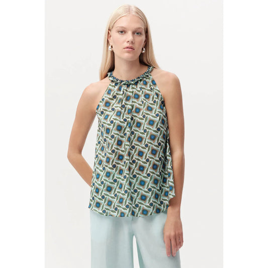 Exquise women's sleeveless halter neck blouse in multi-color fabric, casual and stylish for warm weather wear.