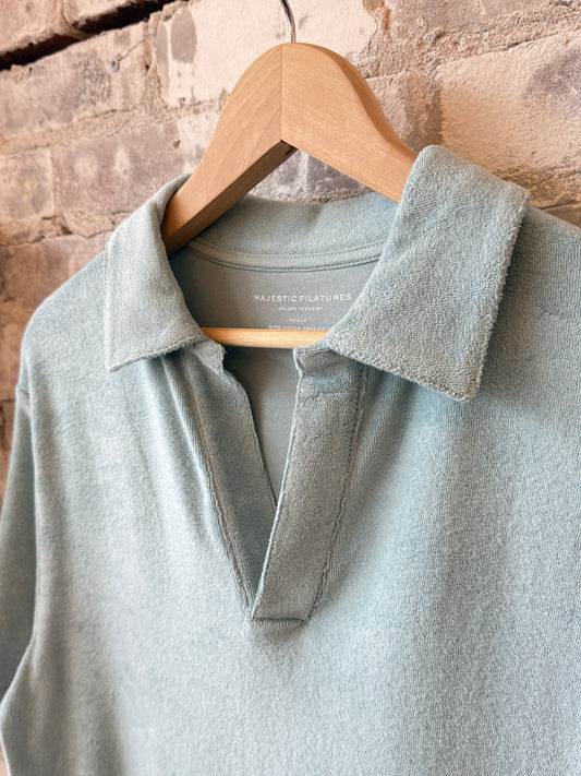 Organic Cotton Terry Elbow Sleeve Polo Maxi Dress - Blue Calanques - DUNE + SALT