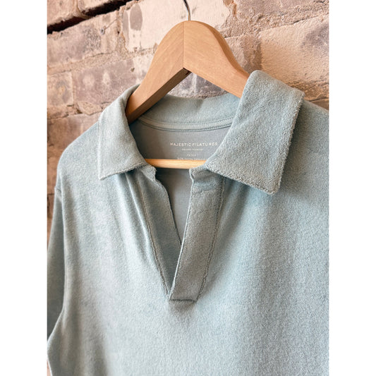 Organic Cotton Terry Elbow Sleeve Polo Maxi Dress - Blue Calanques - DUNE + SALT