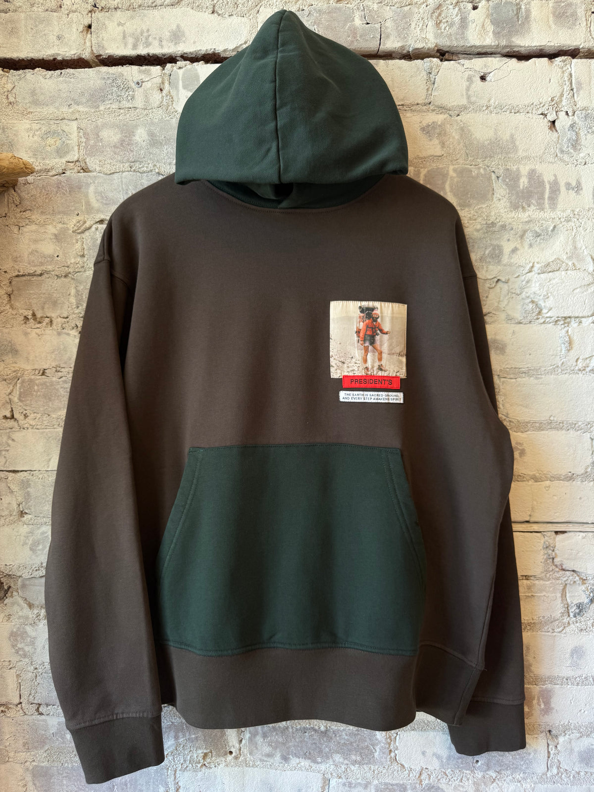 Bicolor Climber Hoodie by Presidents in Hickory and Bottle colors, featuring a comfortable sweatshirt with a stylish color block design.