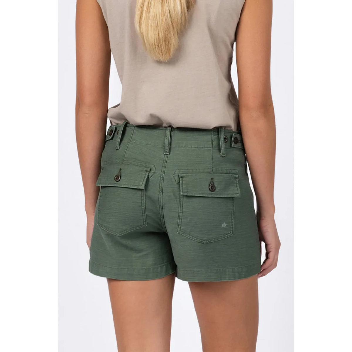 G1 Women's Surplus Short Shorts in sage color, women's casual summer shorts with a relaxed fit, front and back view.