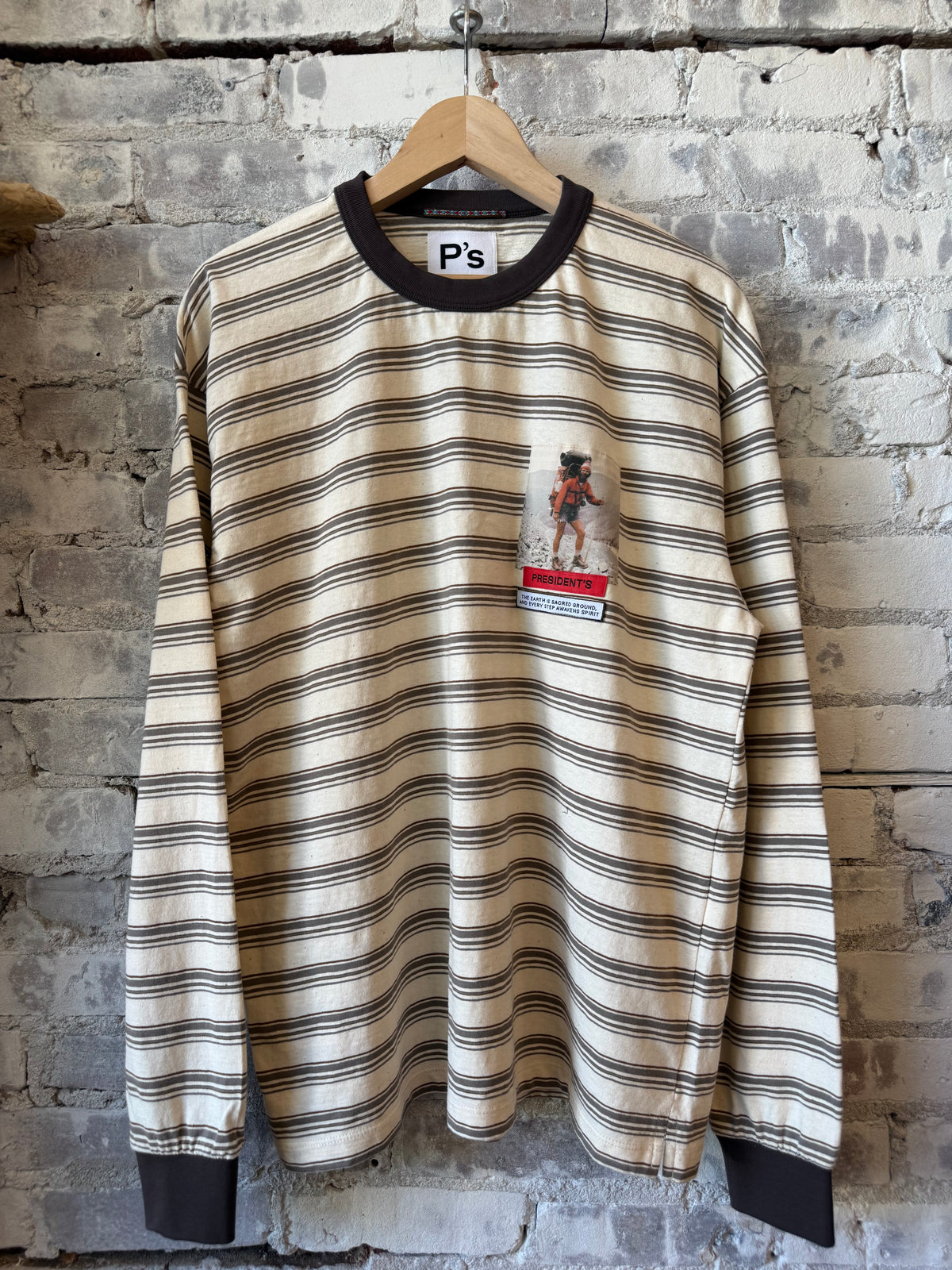 Presidents Slub Stripe Long Sleeve Tee in ecru, featuring a soft fabric with subtle stripe pattern and a relaxed fit.