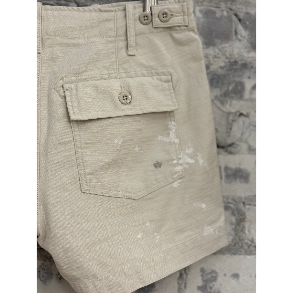 Women's G1 Surplus Short Shorts with paint splatter design, made from canvas fabric, perfect for casual summer wear.