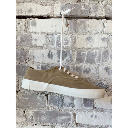 Men's ZDA Marathon Military Trainer in beige suede with white sole, by Reproduction Of Found x ZDA, shown from side view.