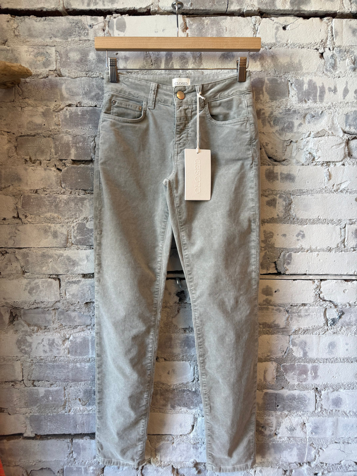 Closed Women's Baker Velvet Pant in Stoneleaf Green, showing the relaxed fit and soft velvet fabric on a woman.
