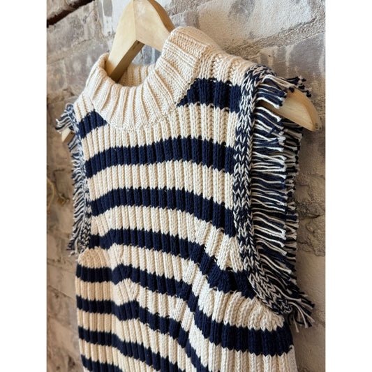 Women's ivory and navy striped tank top by ELEVEN SIX featuring a fitted sleeveless design and scoop neckline.