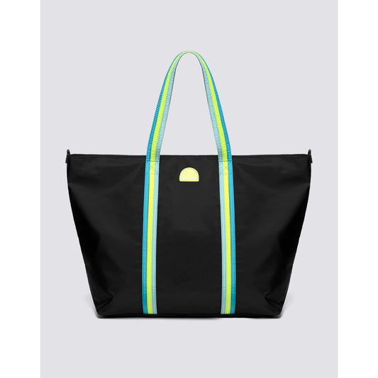 Men's Sundek Bon Bag beach tote in black with rainbow details, showing the spacious fabric bag with colorful accents.