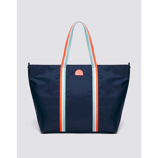 Men's Sundek Bon Bag Beach Tote in navy with rainbow details, featuring sturdy handles and spacious design for beach essentials.