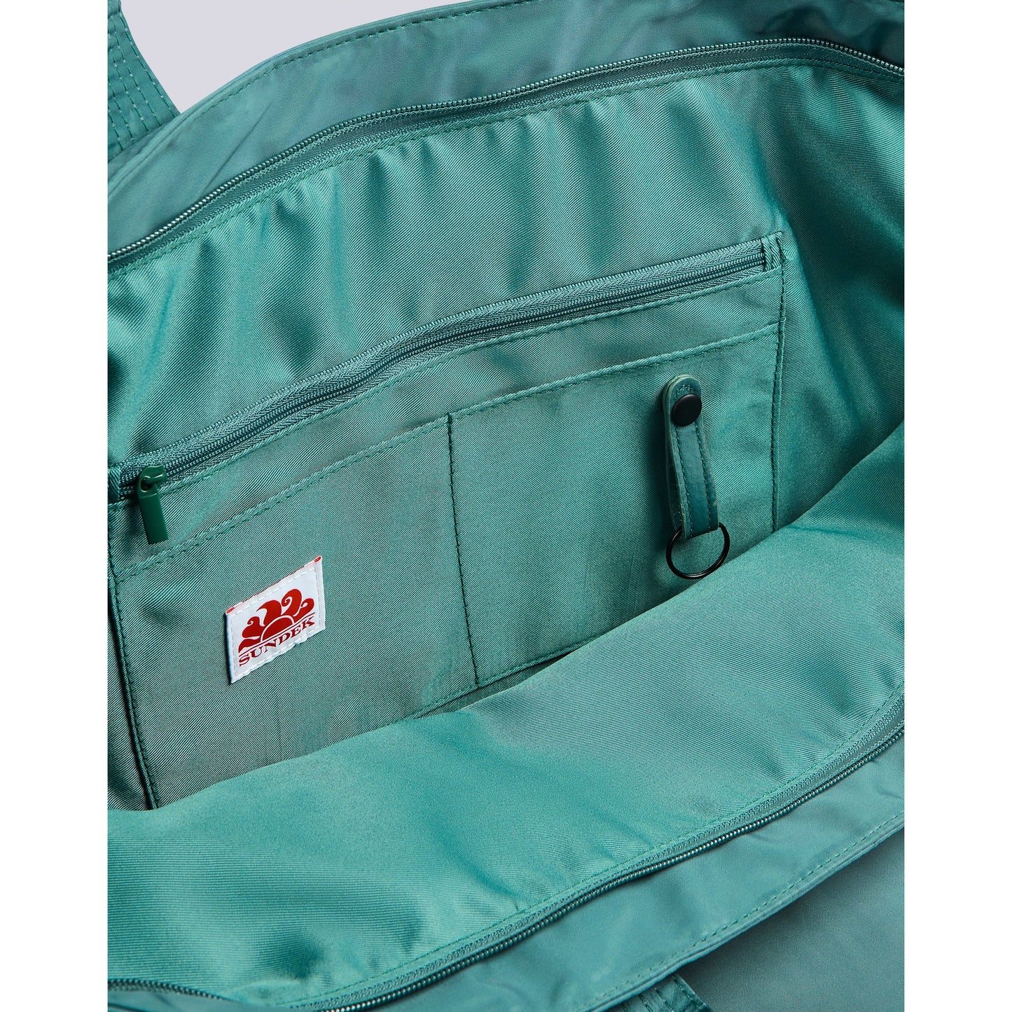 Men's Bon Bag beach tote by Sundek with rainbow details in camo green fabric, featuring sturdy handles and spacious interior.