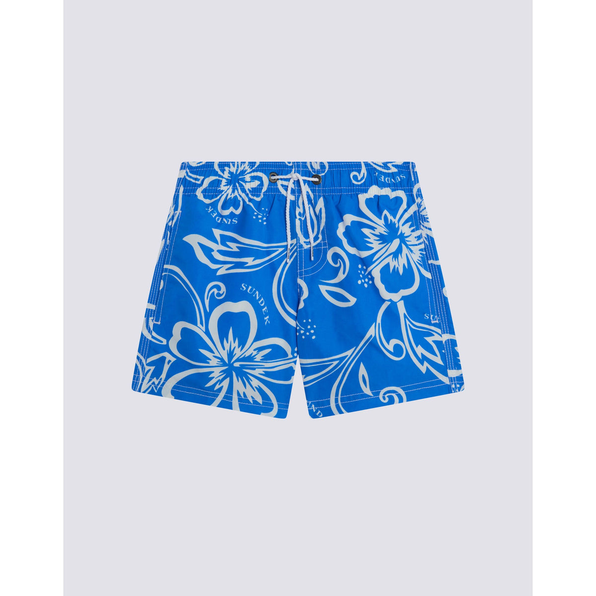 Sundek Kid's Archive Hibiscus print elastic waist boardshort in vintage sapphire, featuring colorful hibiscus flower design.