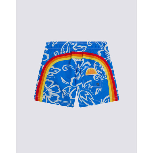 Sundek Kid's Archive Hibiscus print elastic waist boardshort in vintage sapphire, showing the colorful floral design and elastic waistband.