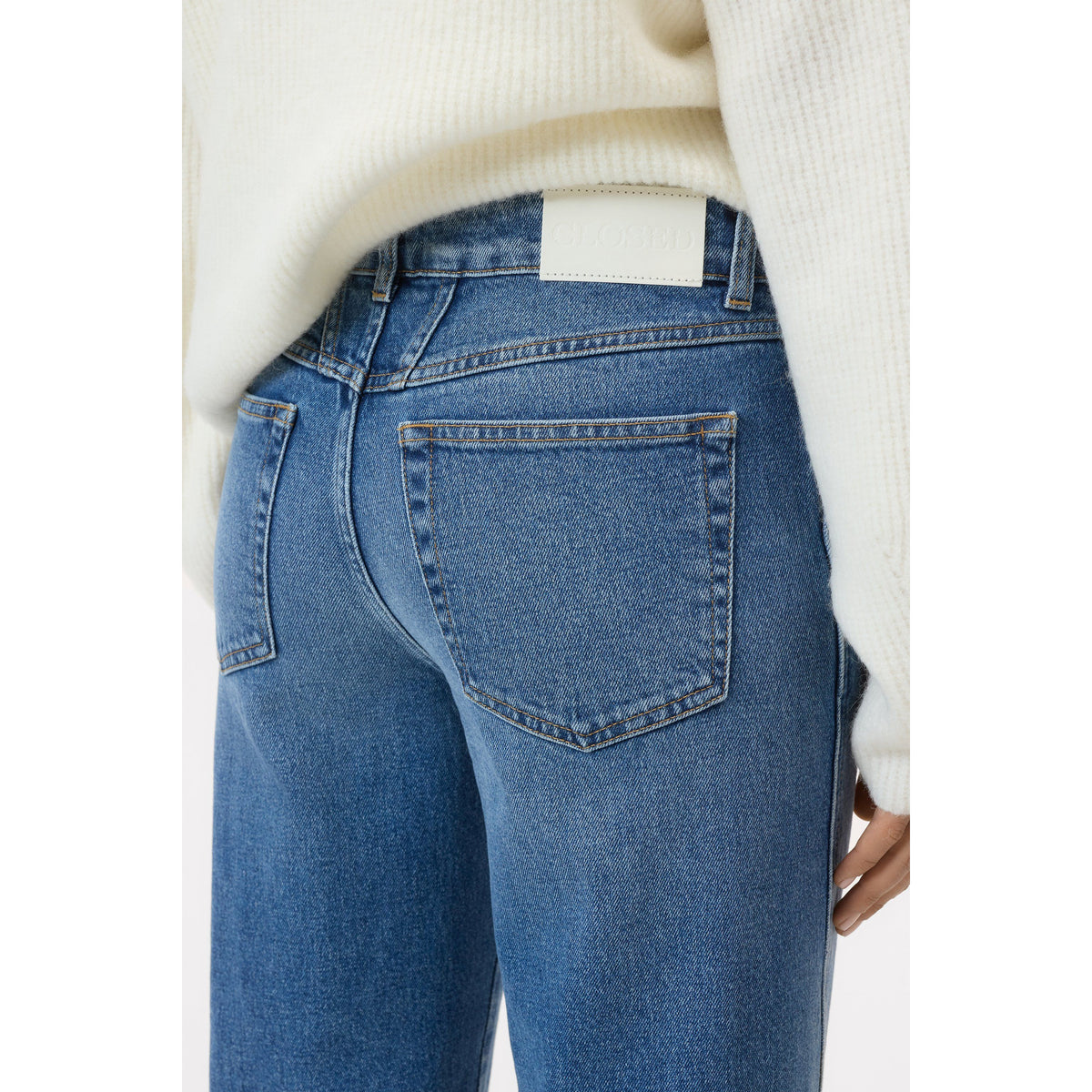 Women's Milo Straight Jean in mid blue by Closed Women's, featuring classic denim with a straight fit and subtle fading.
