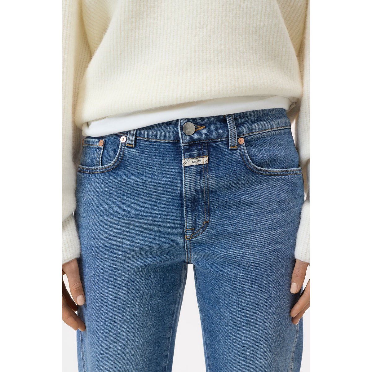 Women’s Milo Straight Jean in mid blue by Closed Women's, featuring classic denim fabric and a fitted straight-leg style.