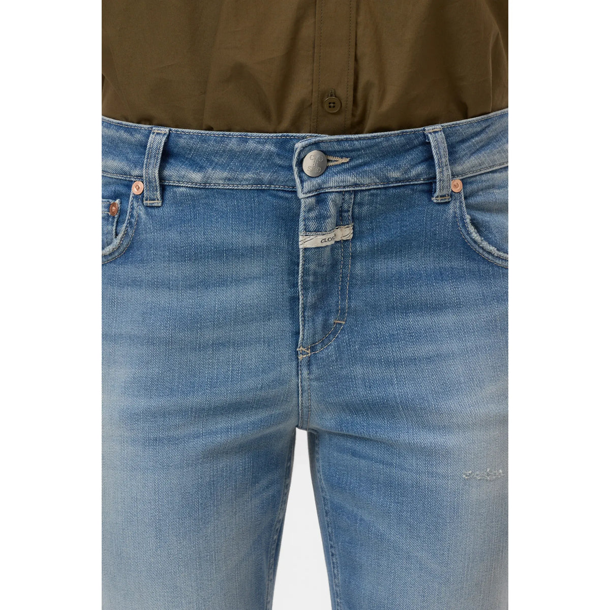 Women's mid blue Junna straight jeans by Closed Women's, showing the classic fit and denim texture.
