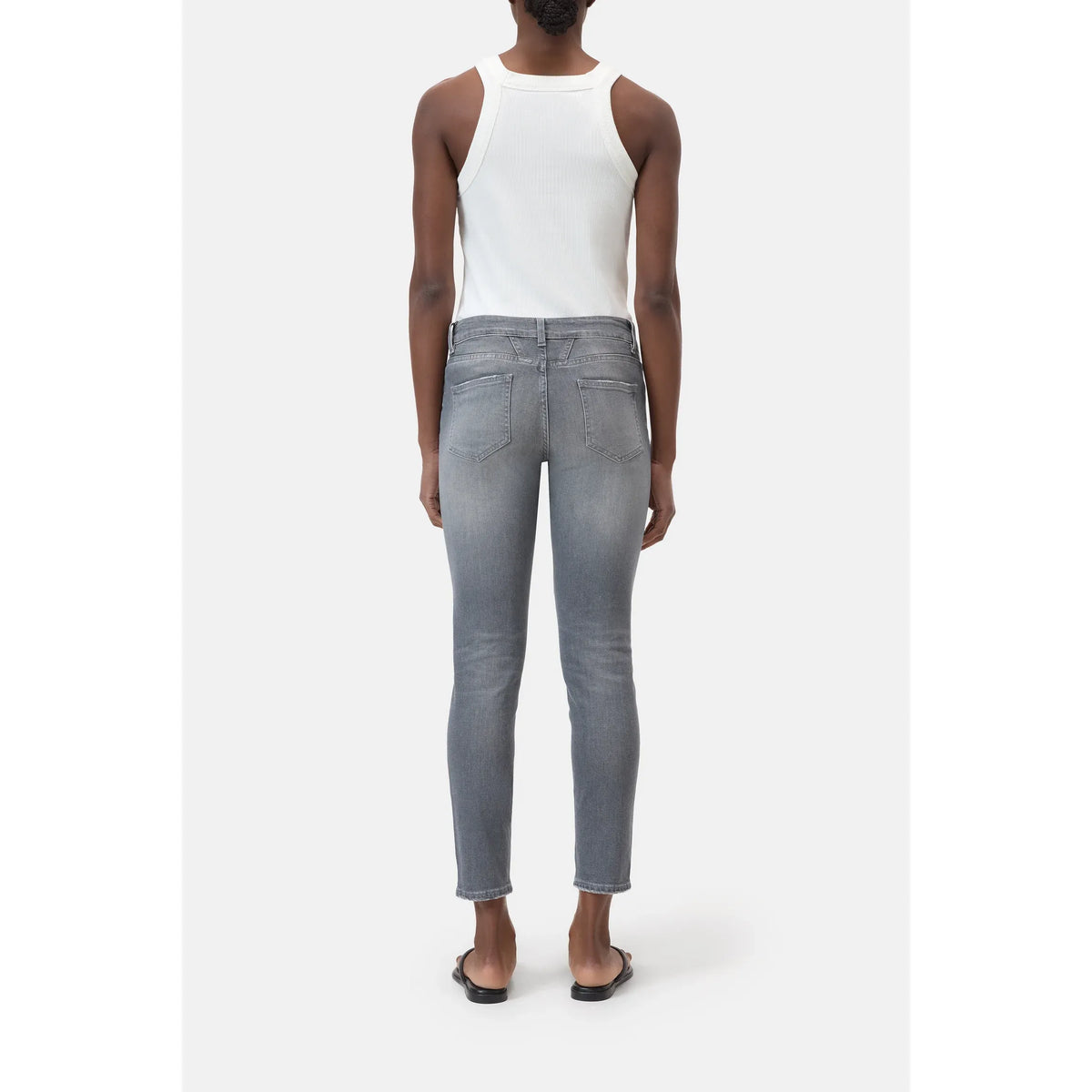 Women's Baker Power Stretch Skinny Jeans in mid grey by Closed, showing close-up of fitted denim fabric and stylish silhouette.