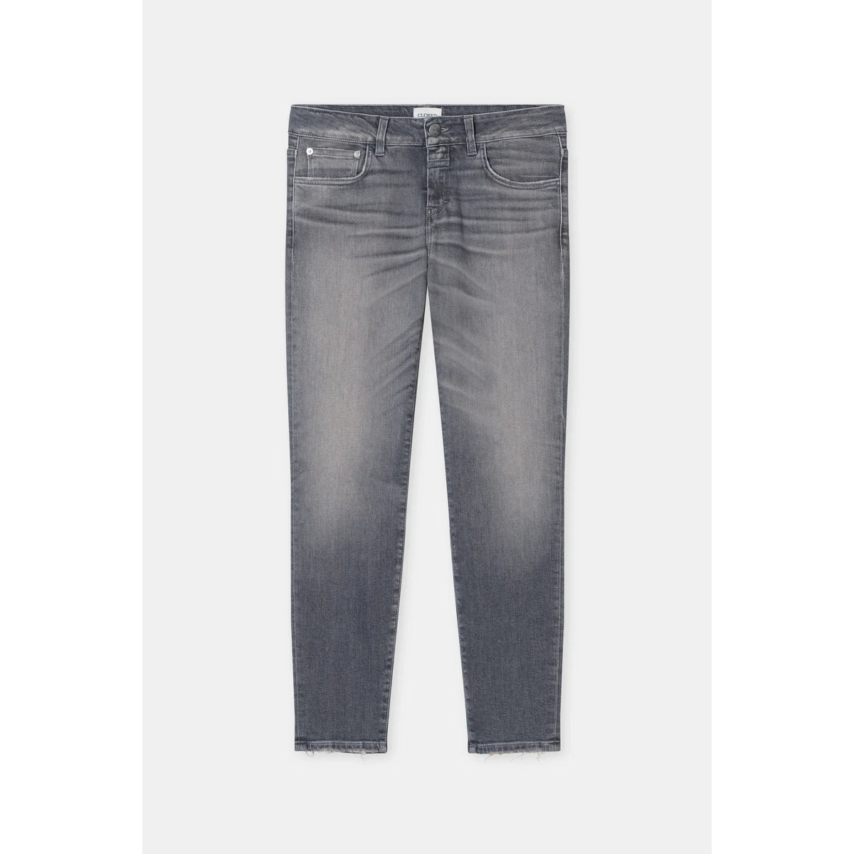 Women's Baker Power Stretch Skinny Jeans in mid grey by Closed, showing a close-up of the fitted denim fabric and waistband.