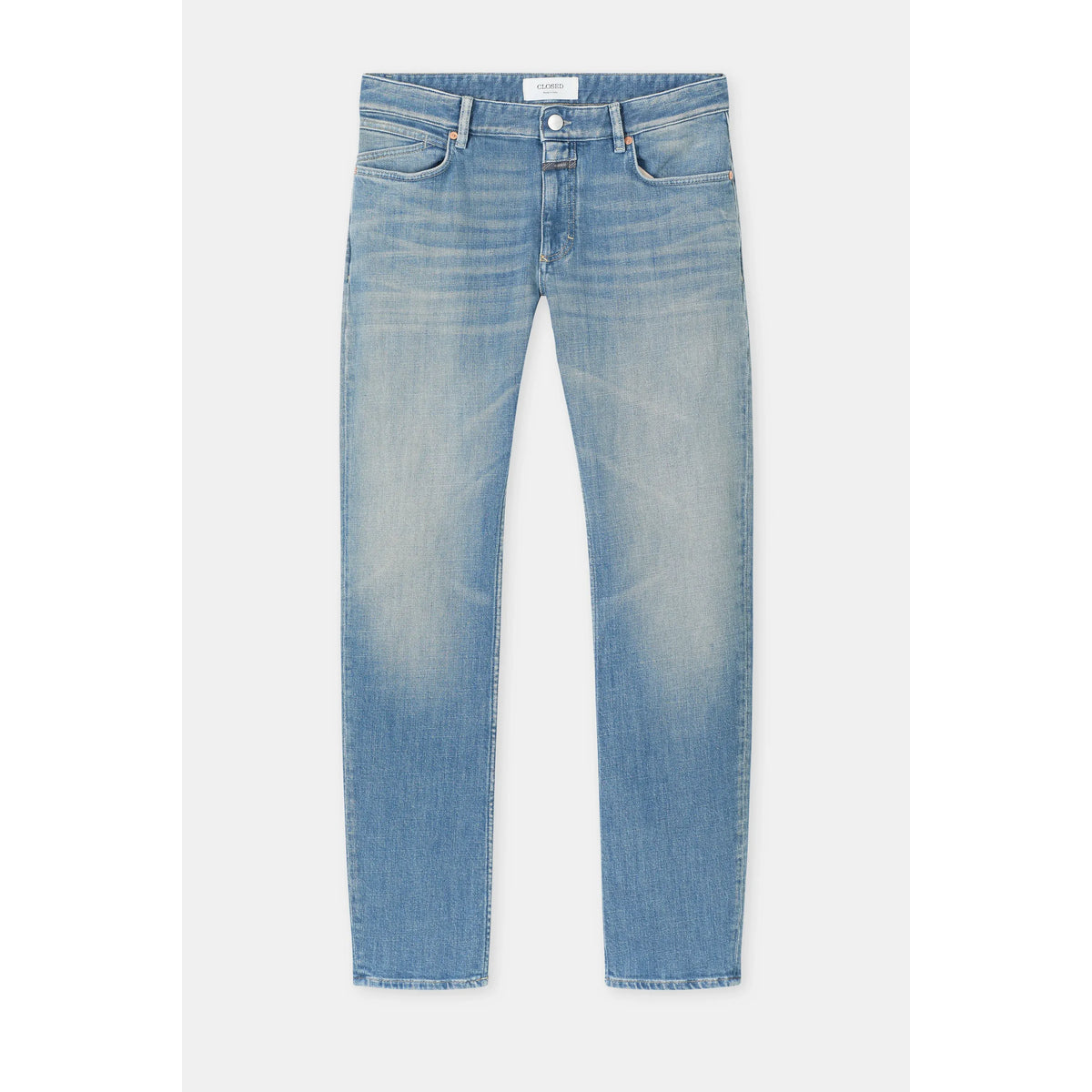 Men's Unity Slim Jean in mid blue from Closed Men's, showing the classic fit and denim texture with subtle fading.