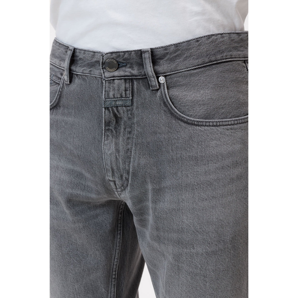 Men's Cooper True Regular Jean in mid grey by Closed Men's, showing the fit and fabric texture of the denim.