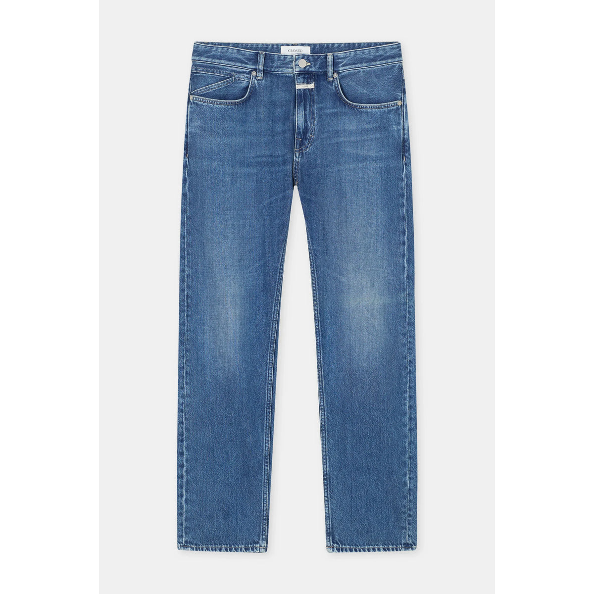 Close-up of men's Cooper True Regular Jean in mid blue by Closed, showing denim fabric and classic fit details.