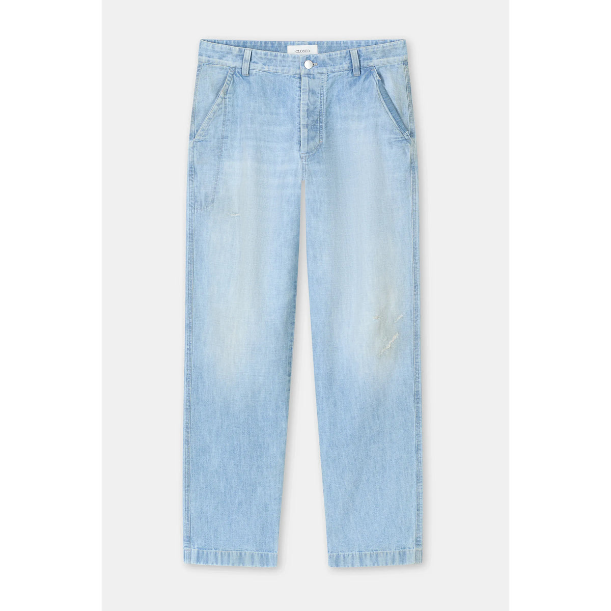 Men's light blue Toledo tapered relaxed jeans by Closed Men's, showing the fit and denim fabric details.