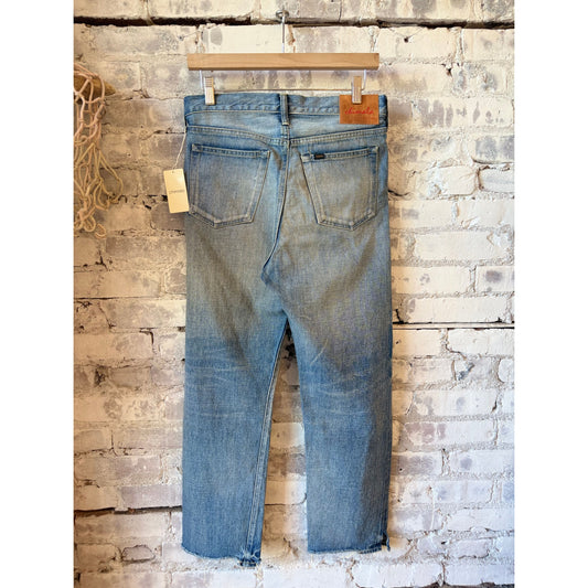 Women's 13.5oz Chimala selvedge denim ankle jeans with medium distress and used wash, showcasing a fitted silhouette and distressed details.