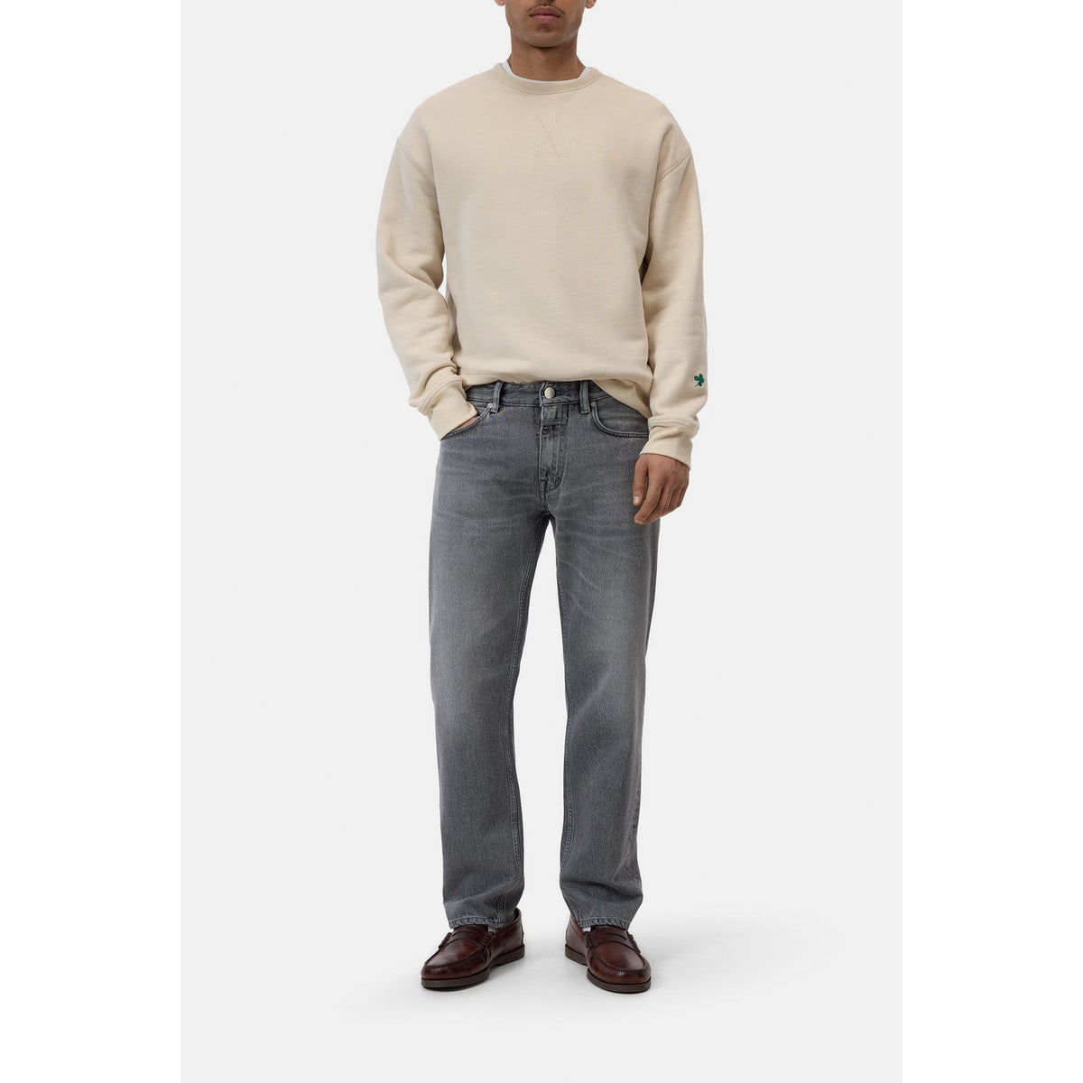 Men's Almond Cream Crewneck Sweatshirt by Closed Men's, showing a soft, comfortable knit fabric and classic fit.