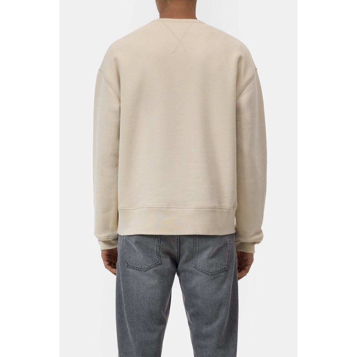 Men's almond cream crewneck sweatshirt by Closed Men's, shown in a close-up image highlighting the soft fabric and classic fit.